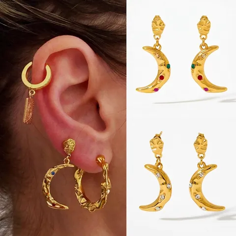 Pendientes Colgantes De Luna Creciente Acero Inoxidable Textura Martillada Circón Incrustado Estilo Bohemio Vintage Mujeres