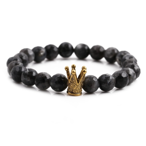 Faceted Natural Stone Beaded Bracelet Tiger Eye Turquoise Elastic Jewelry Retro Copper Crown Charm For Men Women