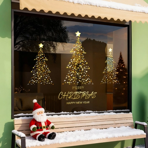 Christmas Window Stickers Golden Star Tree Static Cling PVC No Glue Reusable Holiday Glass Door Decor