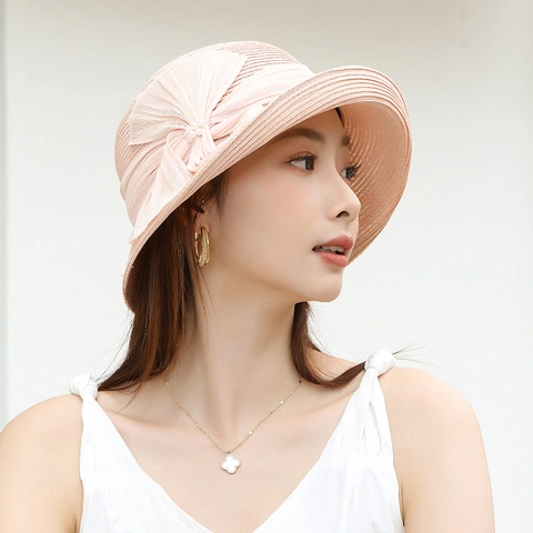 Chapeau De Paille Femme Pliable Soleil Noeud Künstliche Perle Ruban Été Plage Voyage Élégant Style Français Bord Roulé