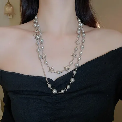 Collar De Doble Capa Con Colgantes De Estrellas Imitación Perla Artificial Aleación Vidrio Diamantes De Imitación Cadena Larga Joyería De Moda Mujer