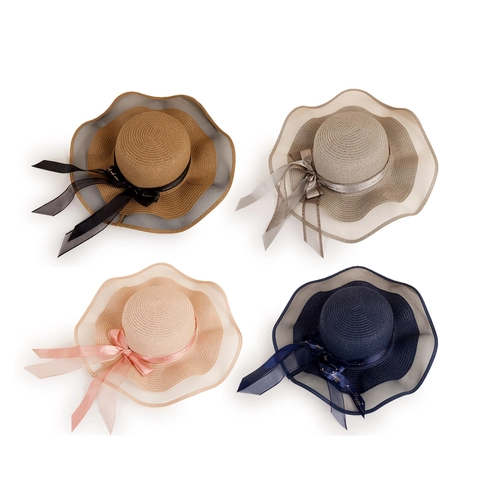 Cappello Da Sole In Paglia Da Donna Con Tesa Larga Ondulata Splicing In Rete E Fiocco In Nastro Elegante Cappello Da Spiaggia