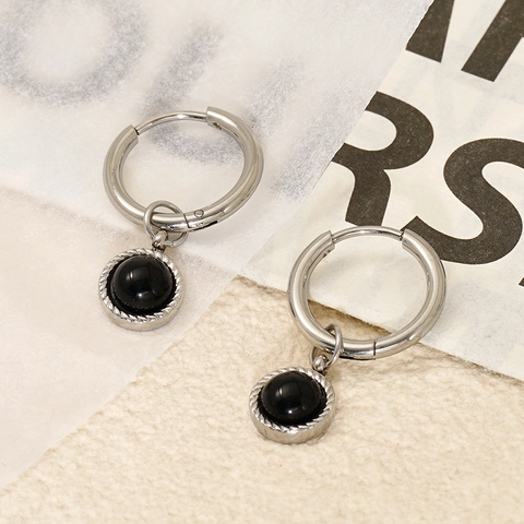 Stainless Steel Hoop Earrings Black Round Natural Stone Pendant Rope Textured Edge Retro Geometric Jewelry For Women