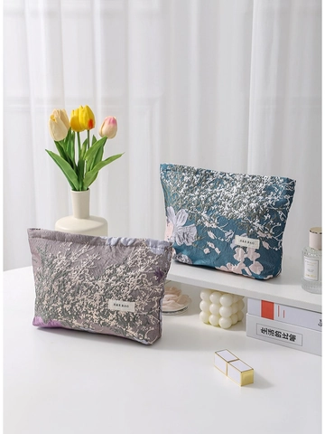 Borsa Trucco In Tela Jacquard Floreale Grande Capacità Cerniera Portatile Organizzatore Da Viaggio Per Cosmetici Donne