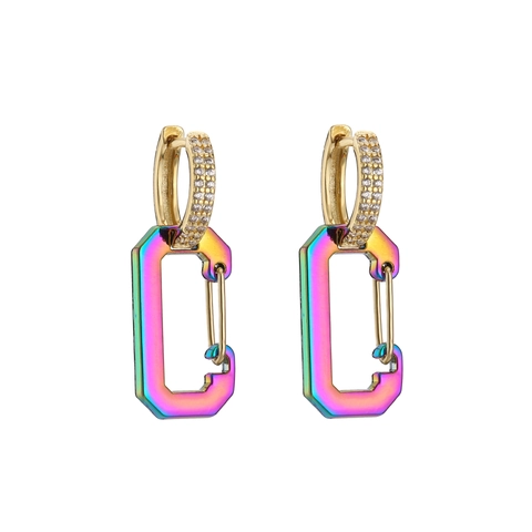 Orecchini Pendenti Moschettone Lega Zirconia Micro Pavé Colorato Smalto Geometrico Serratura Stile Industriale Gioielli Da Donna