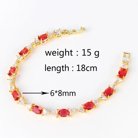 Bracelet En Cuivre Plaqué Or Avec Zircone Cubique Rouge Ovale Et Accents Clairs Triangulaires Pour Femmes