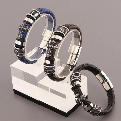 Men Braided Leather Bracelet With Stainless Steel Cross Pendant Magnetic Buckle Punk Vintage Style Wristband