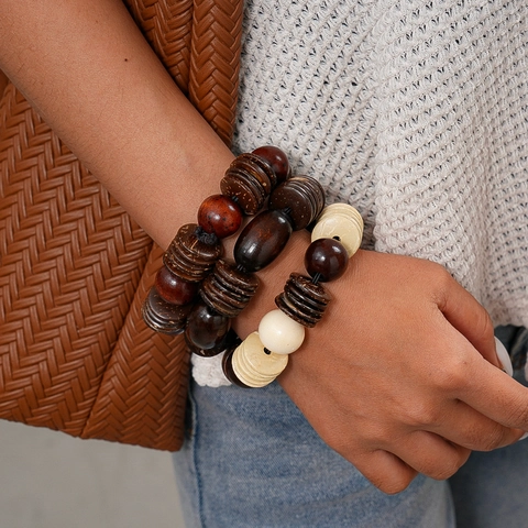 Vintage Beaded Bracelet Natural Wood Coconut Shell Geometric Oval Beads Bohemian Ethnic Style Jewelry