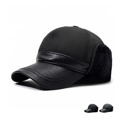 Winter Ear Flap Baseball Cap Faux Leather Polyester Windproof Warm Fleece Lined Outdoor Men Casual