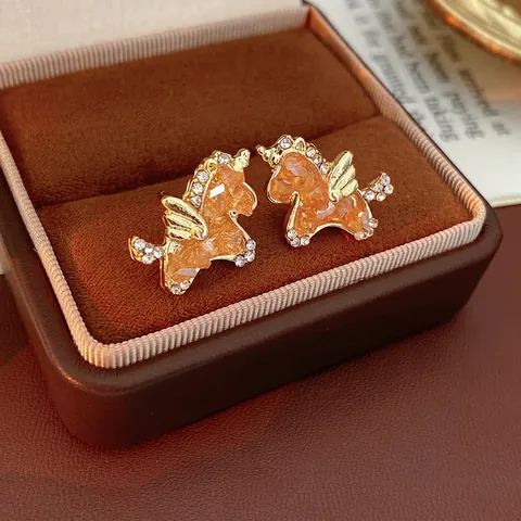 Orecchini Lobo Unicorno Lega Vetro Strass Vintage Dorato Lusso Per Donne Con Silver Earring Post