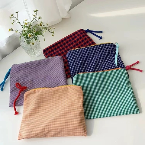Gingham Plaid Cotton Cosmetic Pouch Travel Portable Makeup Storage Bag Zippered Fabric Toiletry Organizer Fresh Style