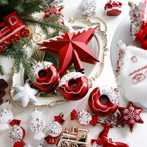 Adornos Árbol Navidad Rojo Blanco Plástico Purpurina Casa Reno Copo Nieve Caramelo Tren Colgantes Estrella Copa Árbol