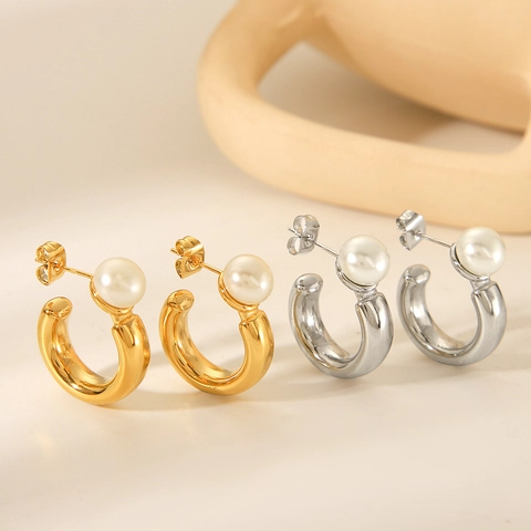 Pendientes De Aro En Forma De C De Acero Inoxidable Con Perlas Artificiales De Imitación Y Diamantes De Imitación Joyería De Moda Elegante Para Mujeres