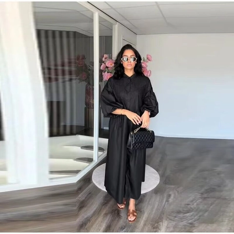 Maxikleid Polyester Plissierte Vorderseite Einreihig Stehkragen Puffärmel Locker Lässig Urlaub Für Damen