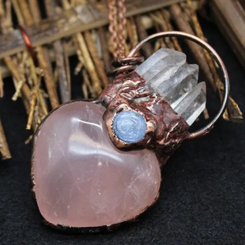 Collar Con Colgante De Corazón De Cristal Natural Con Alambre De Cobre Envuelto Amatista Cuarzo Rosa Labradorita Retro Mujer