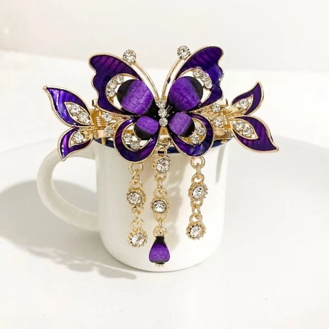Butterfly Hair Clip Alloy Enamel Rhinestone Long Tassel Water Drop Pendant Elegant Hair Claw For Women