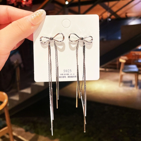 Elegante Bowknot Lange Kwastje Drop Oorbellen Met 925 Sterling Zilveren Oorsteker Voor Vrouwen Koreaanse Stijl Sieraden