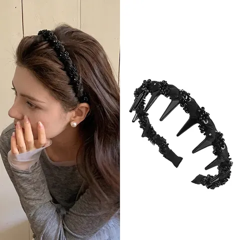 Mode Hoofdband Voor Dames Gaas Kristal Pailletten Antislip Tanden Punk Spikes Geweven Elegante Haaraccessoires