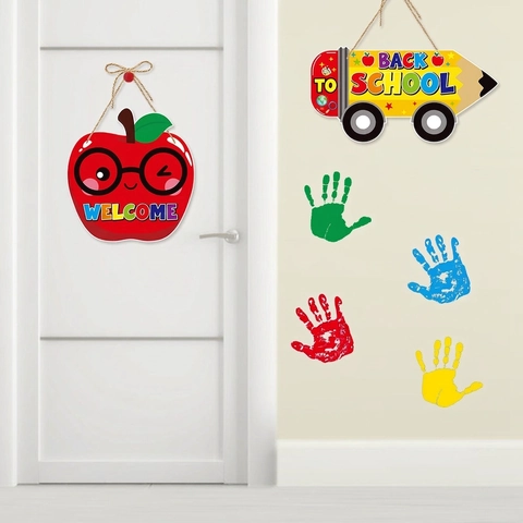 Benvenuti A Scuola Appendiporta In Cartone Decorazione Sospesa Forma Di Mela E Autobus Matita Per Aula Scuola Festa