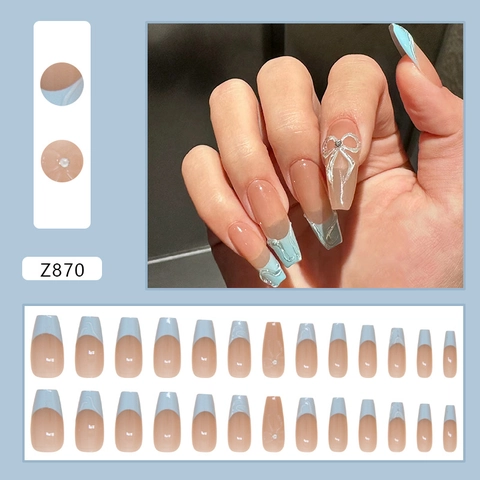 Künstliche Nägel French Tip Mandelform Blau Nude Mit Schleifen Und Strasssteinen Wiederverwendbare Glänzende Nägel Für Frauen