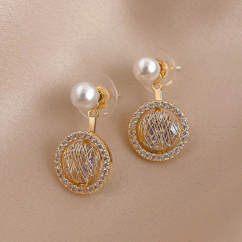 Orecchini Pendenti Cerchio Maglia Rame Placcati Oro Con Zircone Perla Artificial 925 Sterling Silver Earring Post Eleganti