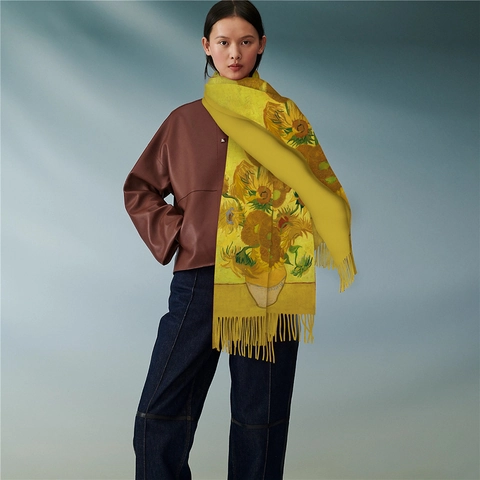 Van Gogh Sunflowers Oil Painting Print Scarf Soft Imitation Cashmere Winter Warm Scarf Long Tassel Shawl Wrap Women Gift