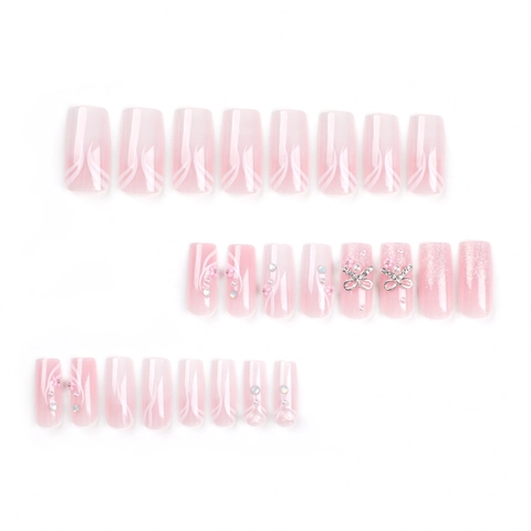 Pink Gradient Press On Nails With Silver Bow And Artificial Pearl Rhinestone Medium Long Square Sweet Style
