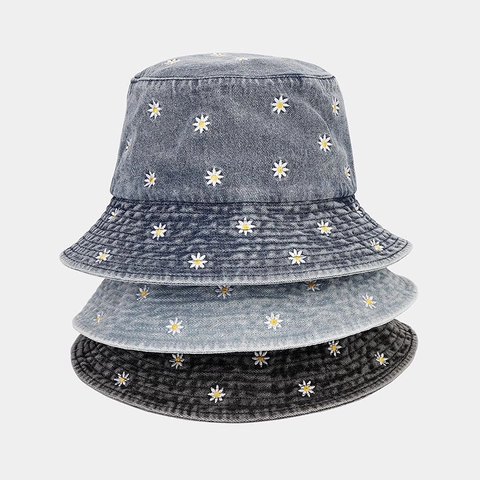 Damen Mode Denim Anglerhut Gänseblümchen Bestickt Faltbar Sonnenschutz Outdoor Casual Baumwolle Denim Fischerhut Für Sommer