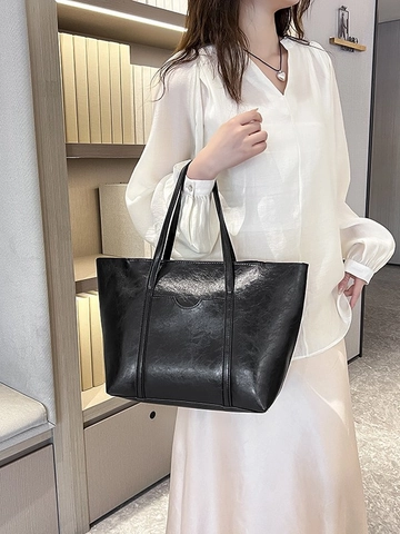 Sac Cabas En Cuir PU À Cire Huilée Vintage Sac À Bandoulière Pochette Et Porte Cartes Grande Capacité Pompon Femmes