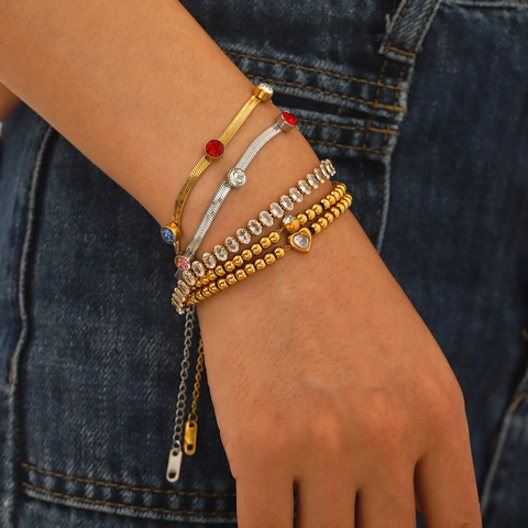 Bracciale In Acciaio Inossidabile Donna Placcato Oro Zirconia Ciondolo Cuore Catena Serpente Perline Gioielli Lusso Francese