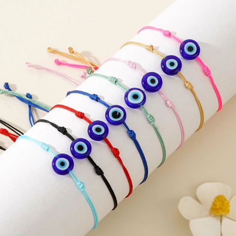 Bracelet Corde Tressée Mauvais Œil Réglable Perle En Verre Lampwork Style Boho Ethnique Bijoux Amulette