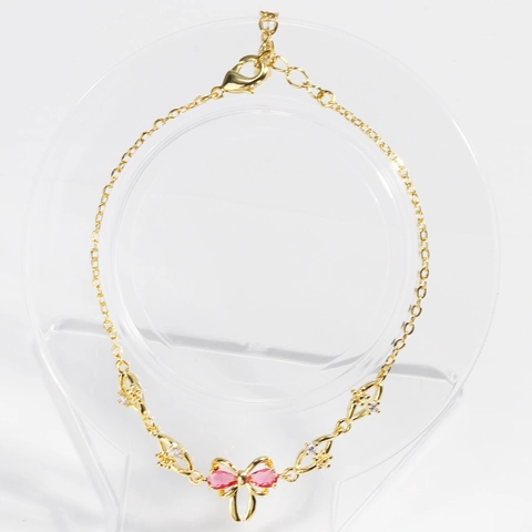 Elegante Bracciale Con Fiocco Ottone Zircone Rosso Catena Regolabile Gioielli Per Donne Stile Dolce