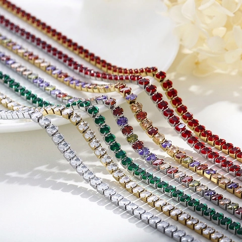 Colorful Zircon Tennis Necklace Stainless Steel Square Rectangle Cut Crystal Chain Luxury Jewelry For Women