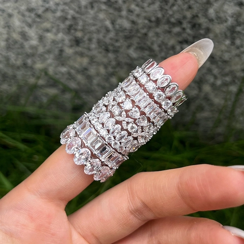 925 Sterling Silver Eternity Ring For Women Full Pave Zirconia Heart Oval Emerald Cut Fashion Simple Jewelry Band Ring