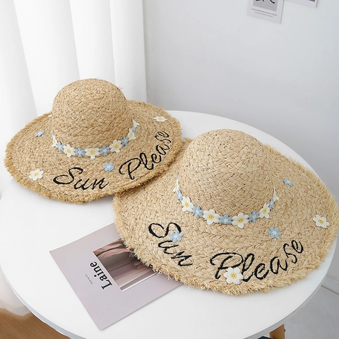 Sun Please Bestickter Strohhut Breite Krempe Ausgefranster Rand Blumen Dekor Sommer Strand Urlaub Damen