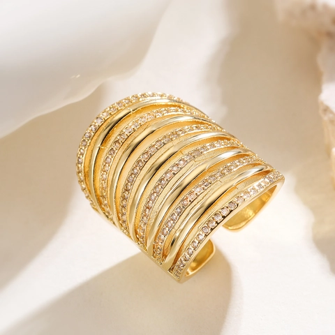 18K Gold Plated Copper Ring For Women Zircon Inlaid Irregular Geometric Adjustable Open Finger Jewelry Fashion