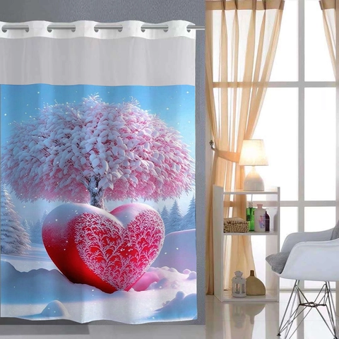 Rideau De Douche Polyester Imperméable Design Sans Crochet Double Couche Amovible Imprimé Gaufre Cœur Paysage Étoilé