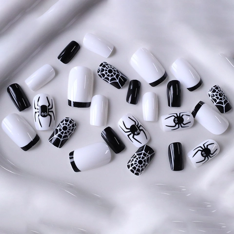 Halloween Press On Nails Black White Spider Web Pattern French Square Artificial Nail Tips For Women Girls