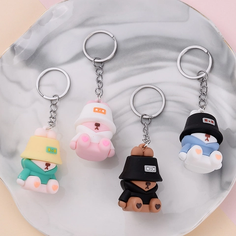 Lindo Dibujo Animado Animal Oso Conejo Llavero PVC Pendiente Sombrero Pescador Sudadera Con Capucha Anillo Metal Bolso