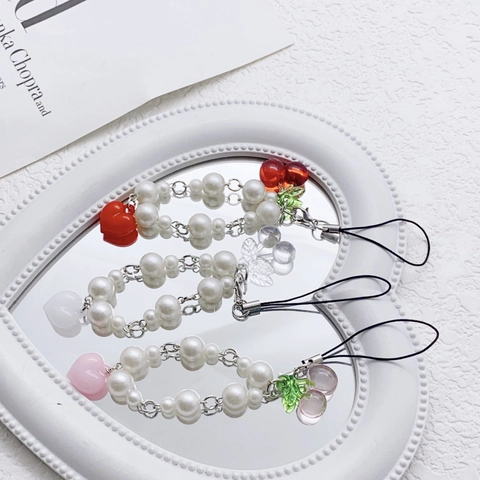 Süße Kirsche Herz Künstliche Perlen Handy Anhänger Imitation Künstliche Perle Acryl Tasche Anhänger Y2K Hübsch Accessoire Für Damen