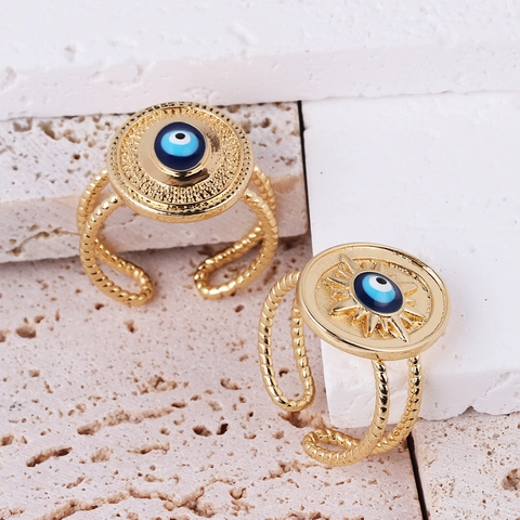 Messing Vergulde Boze Oog Zon Open Ring Retro Etnisch Verstelbaar Mysterieus Blauw Emaille Geometrische Vingerring Voor Dames
