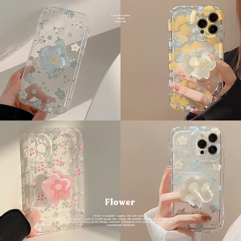 Floral Clear Phone Case For iPhone 16 15 14 13 12 Pro Max With Cute 3D Flower Grip Tok Stand Glitter TPU Cover