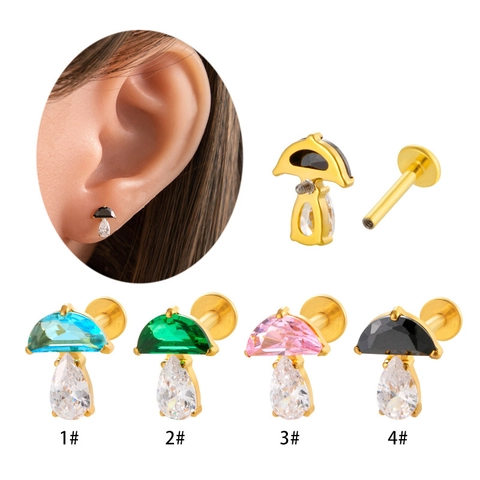Mushroom Ear Cartilage Stud F136 Titanium Alloy Cubic Zirconia Internal Thread Piercing Jewelry Labret Tragus Women