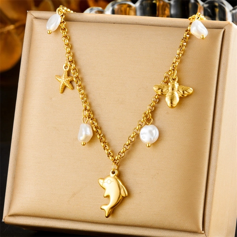 Collana In Acciaio Inossidabile Con Perla Artificial Barocca Ciondoli Delfino Stella Marina Ape Gioielli Di Moda Stile Oceano