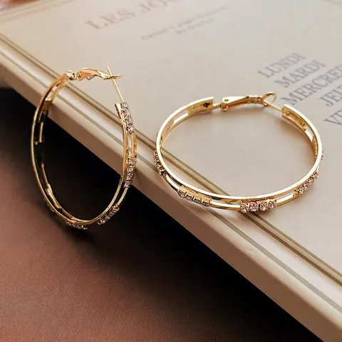 Large Hoop Earrings With Silver Earring Post Gold Plated Alloy Double Layer Rhinestone Geometric Statement Fashion Jewelry For Women