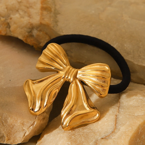 Schleifen-Haargummi 18K Vergoldet Edelstahl Faltenstruktur Elastischer Pferdeschwanz-Halter Elegantes Accessoire