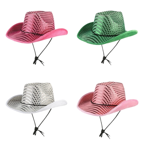 Sequined Western Cowboy Hat Glitter Stage Performance Jazz Hat Wide Brim Fedora Sun Hat With Adjustable Chin Strap For Party Carnival Costume