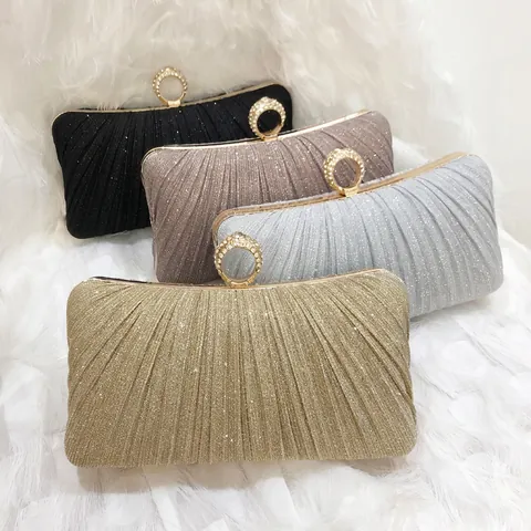 Evening Clutch Bag Pleated Glitter Fabric With Rhinestone Ring Clasp Elegant Party Wedding Handbag For Women