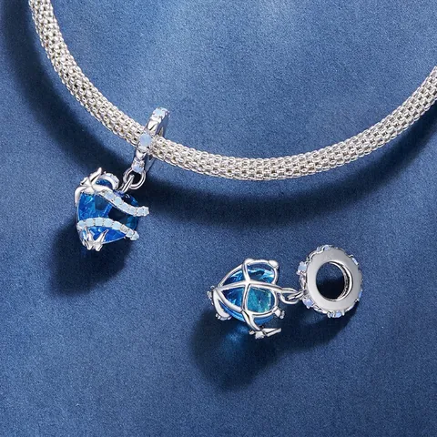 925 Sterling Silver Blue Magic Heart Charm Butterfly Rhinestone Inlaid Pendant Only Without Chain For Women DIY Bracelet Jewelry