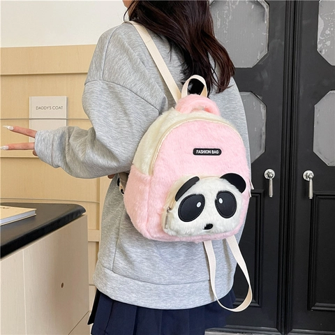 Kids Plush Panda Backpack Cartoon Animal Shaped Mini School Bag Soft Furry Daypack For Toddlers Children Girls Boys